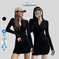 Đầm body nữ cổ bẻ phối khóa kéo Sobasic form ôm tay dài gợi cảm tôn dáng chất dày dặn