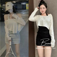 Đầm Body Nữ Dáng Ngắn Kèm Áo Thun Tay Dài Vạt Bầu
