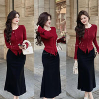 Đầm Body Nữ Mix Chân Váy Dài Suông,Váy Nữ Cổ Tròn Tay Dài Thanh Lịch  Ôm Body Sang Trọng D104 MAHALA