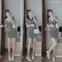 Đầm body nữ tôn dáng, tôn da đầm thun gân body sọc tay ngắn cổ sơ mi váy kẻ sọc polo dáng ngắn có 2 tone màu lhclothings