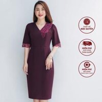 Đầm body nữ trung niên TTV store TTV1092 đi tiệc sang trọng thiết kế cổ tim phối ren tay lỡ màu đỏ mận - Đỏ mận - S  46KG