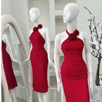 đầm body nữ , váy yếm nữ ôm body đín hoa cổ nhún eo cực tôn dáng