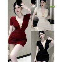 Đầm body ôm cổ v xẻ sâu tay ngắn nhún thân đính tag đẹp, lazong HL