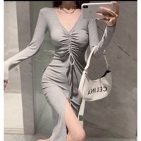 Đầm body rút dây trước ngực xẻ tà cao tay dài chất thun cao cấp