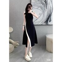 Đầm body suông thời trang nữ chất thun gân dày cao cấp sườn phối trắng sát tay màu đen QC