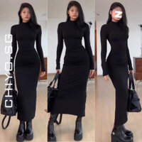 Đầm body tay dài cổ lọ 3 phân xẻ vạt sau CHIYO.SG phong cách thu đông