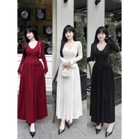 Đầm body tay dài cổ tim, đính hoa eo dáng xòe dài chất thun tăm lạnh mềm mịn co dãn
