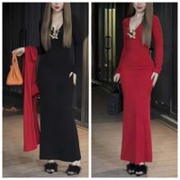 Đầm Body Tay Dài Cổ V Xẻ Sâu Đính Tag Bướm Gợi Cảm Form Dài Tôn Dáng Mặc Đi Tiệc Sang Chảnh Chất Thun Ladong Mềm Mịn HT