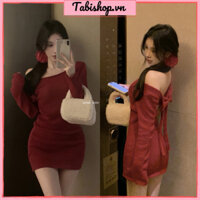 Đầm body tay dài hở lưng cột nơ TABISHOP Váy body đỏ sexy mặc noel tết siêu xinh(49)