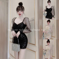 Đầm body tay dài kim sa dự tiệc đi chơi Nahouse váy ôm cổ vuông màu đen nude thiết kế đẹp xinh xắn xịn và sang trọng