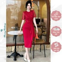 Đầm Body Tay Lỡ Cổ Tròn Nhún Eo Chất Liệu Ren Kim Sa Phối Umi- Công Sở Dự Tiệc Size 40-65Kg