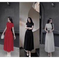 Đầm body tay ngắn nhún eo dáng xòe dài xinh xắn đáng yêu - thun gân lạnh