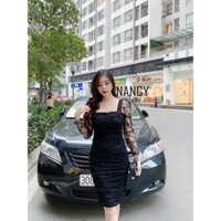 Đầm body thiết kế đen phối tay ren chữ cổ vuông Nancy A7 - Hàng mới về