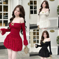 Đầm Body Thiết kế trễ vai tay dài phối lông chân váy lông kèm tag hồ điệp sang trọng quý phái đi chơi đi tiệc