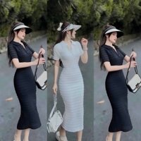 Đầm body thời trang nữ chất thun gân mát ,cổ bẻ trụ tay ngắn dáng đầm dài mặc tôn dáng