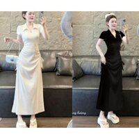 Đầm Body thời trang nữ Chất thun gân tay ngắn cổ sơ mi 2 bên dây rút eo váy đuôi cá dài thiết kế sang trọng