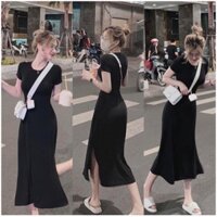 Đầm Body thun dáng dài xẻ tà màu đen, đầm dạo phố tôn dáng - Hàng mới về