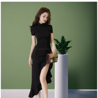 Đầm Body Thun Gân Xẻ Đùi, Đầm Ôm Cổ Tròn Nhún Eo Siêu Xinh Thời Trang