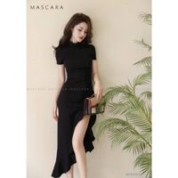 Đầm body thun gân xẻ đùi, đầm ôm nữ cổ tròn nhún eo siêu xinh thời trang