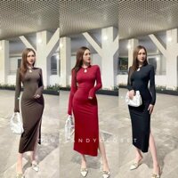 Đầm Body Thun Gân Xẻ Tà Tay Dài 3 Màu - Tôn Dáng