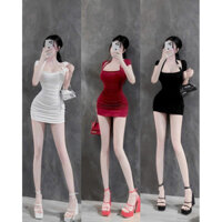 Đầm Body Thun Ladong Tay Ngắn Cổ Vuông Choàng Cổ Yếm Phối Xích Khoen 1 Bên