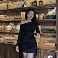 Đầm body thun lệch vai tay dài phối bèo siêu xinh - Free size dưới 54kg,chất thunladong A74