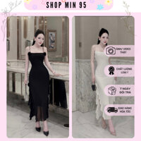 Đầm Body Thun Lưới Cúp Ngực Hai Dây Đính Kèm 2 Bông Phối Xẻ Tà