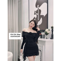 Đầm body thun lưới trễ vai tay dài đính hoa ngực và eo phối 2 dây tua rua và bèo dưới váy (D11967)