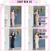 Đầm Body Thun Tăm Tay Ngắn Cổ Vuông Dáng Dài Nhún Hoa Tua Rua Eo Tôn Dáng Nữ Women Dress