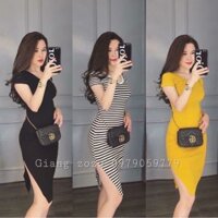 Đầm body thun xẻ tà cổ tim