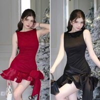 Đầm body tôn dáng chất tuyết mưa không tay cổ thuyền hở lưng chân váy lai phối bèo tơ thắt nơ siêu sang