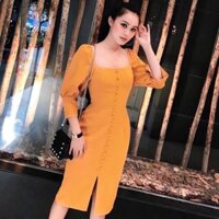 Đầm body vàng cam nút bọc (kèm hình thật)