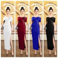 Đầm body xẻ tà trễ vai đính hoa hồng dự tiệc sáng trọng