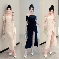 Đầm Body Xẻ Tà Trễ Vai Xếp Li Thân Eo Chất Chéo hàn có kèm phụ kiện Lenci