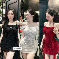 Đầm Body Yếm Nơ Nhúng Hoa Tua Rua Lưới Trễ Vai Phối Bèo Xinh Đi Tiệc Đi Chơi CC432