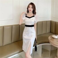 Đầm Bodycon Off-Shoulder Sexy Phong Cách Chanel Cho Nữ Mùa Hè 2025 Thời Trang Mới Đầm Nữ Màu Sắc Khối Có Khe