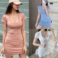Đầm Bodycon tay ngắn gợi cảm cổ chữ U chắc chắn dành cho nữ