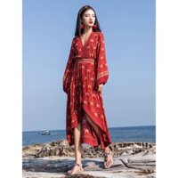 Đầm Boho du lịch đi biển dài tay cổ V (Đỏ) Bohemian D1022