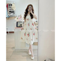 đầm bông lụa maxi nhúm sau cổ vuông ngắn tay