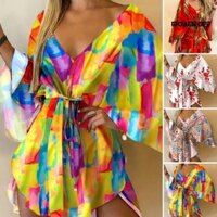 Đầm Cánh Dơi Cổ Chữ V Phối Dây Rút In Họa Tiết Lá Nhiệt Đới Thời Trang Mùa Hè Cho Nữ