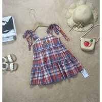 Đầm caro 2 dây xòe cho bé gái, đầm đính hoa thêu cực xinh xắn cho bé 11-30kg, đầm 2 dây bé gái