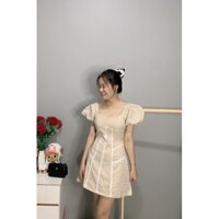 Đầm caro cổ vuông tay phồng