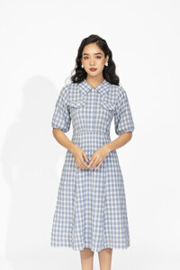 Đầm caro gingham tay lửng dáng xòe cổ sơ mi
