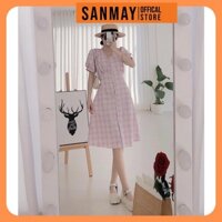 Đầm Caro Kẻ Sọc SANMAY Váy Công Sở Cao Cấp Thiết Kế Suông Kiểu BabyDoll Hàn Quốc Đi Dự Tiệc Cưới, Đi Chơi Xanh VD046 .
