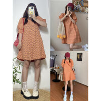 Đầm caro linen tay phồng cổ vuông cam 2hand