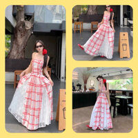 Đầm Caro Sọc Đỏ Phối Ren