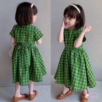 Đầm caro xanh lá tay cộc cut lưng thắt nơ xinh cho bé gái- SamBon Kids