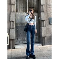 [ĐẬM CẮT GẤU] QUẦN JEANS NỮ ỐNG LOE MÀU XANH ĐẬM CẮT GẤU VẢI CO GIÃN LƯNG CAO MỚI 2021