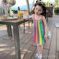 Đầm cầu vồng cho bé gái, váy ngủ bằng lụa lạnh mùa hè không tay, đồ ngủ mỏng cho trẻ em, váy dây cho bé gái, đồ mặc trong nhà