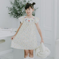 Đầm chấm bi cổ thêu hoa màu vàng chanh (Ảnh thật shop chụp)